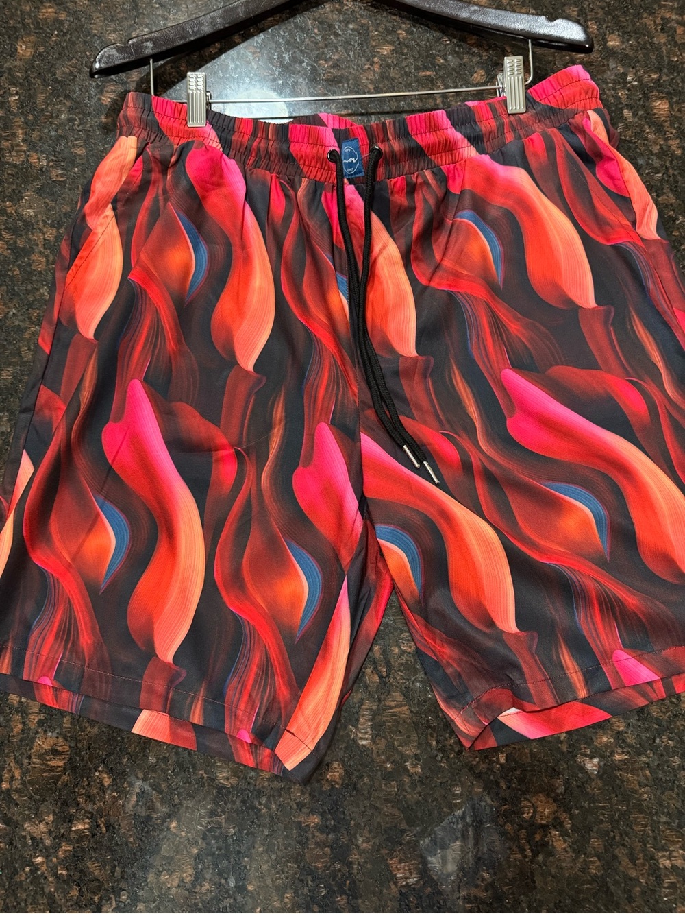 Men's Wave-Print Swim Board Shorts in Red & Pink